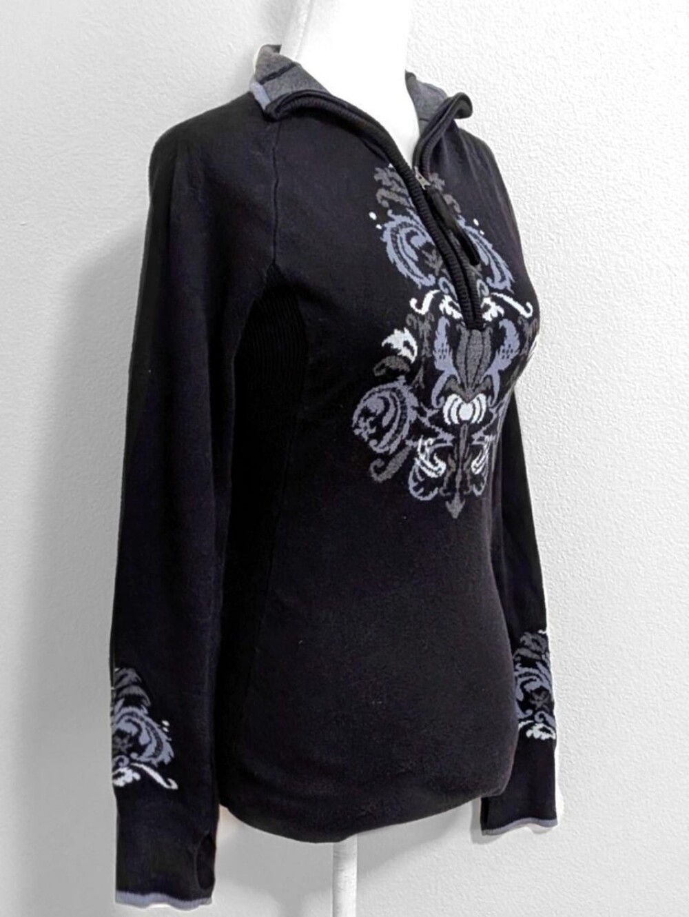 Athleta Black & Grey Floral Whimsigoth Quarter-Zip Knit Sweater | Size M - Picture 2 of 6